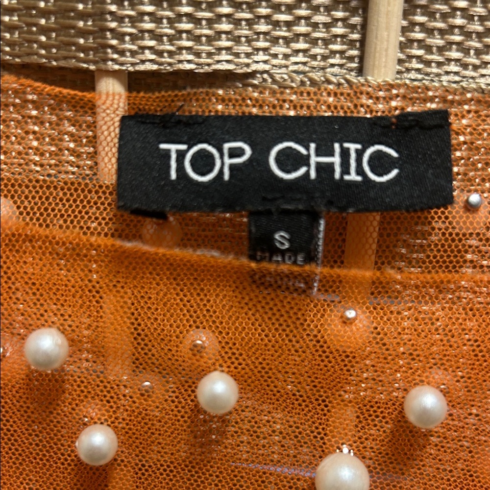 TOP CHIC Orange Pearl-Embellished Sheer Long Sleeve Top - Picture 2 of 7